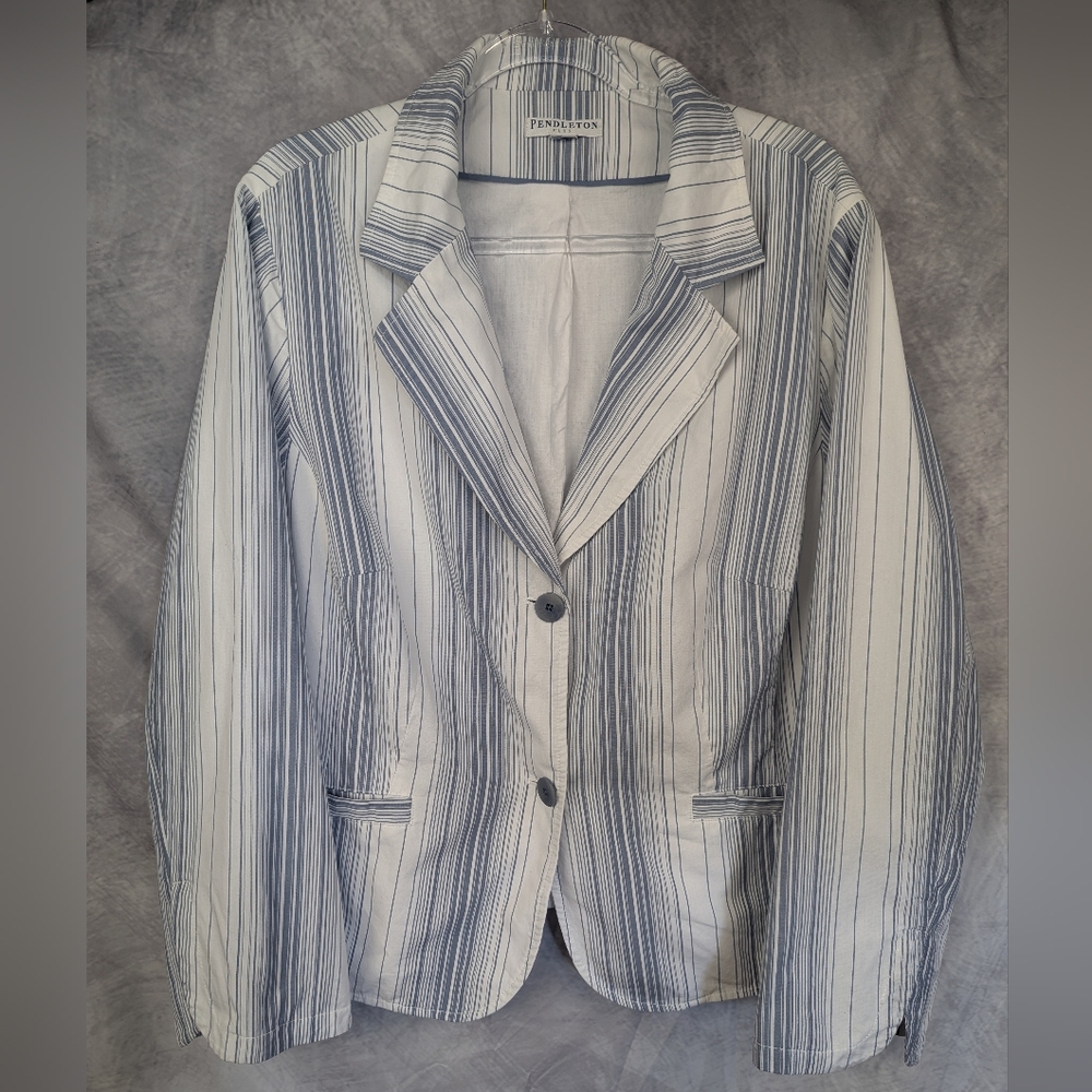 Pendleton Plus Cotton Gray/White Striped Blazer N… - image 1